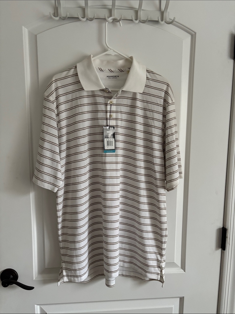 Ashworth Golf Company Large Striped Performance Polo White Brown Golf Shirt